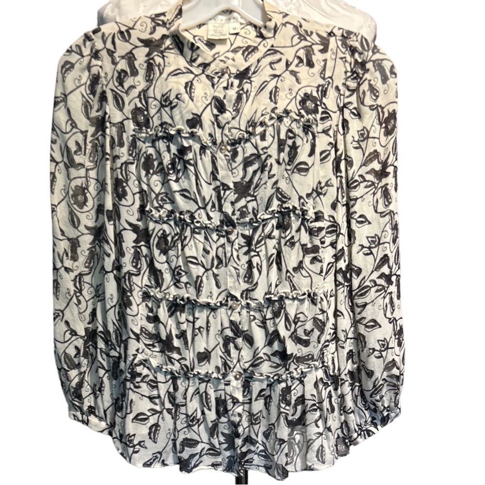 Max Studio silk cropped blouse  black floral print semi sheer long sle…